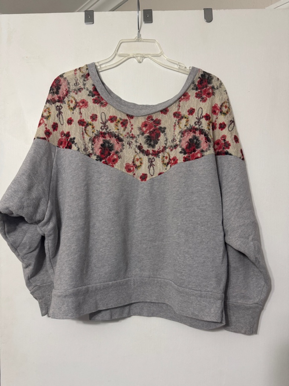 Free People Gray Sweatshirt with Cream and Red Detail